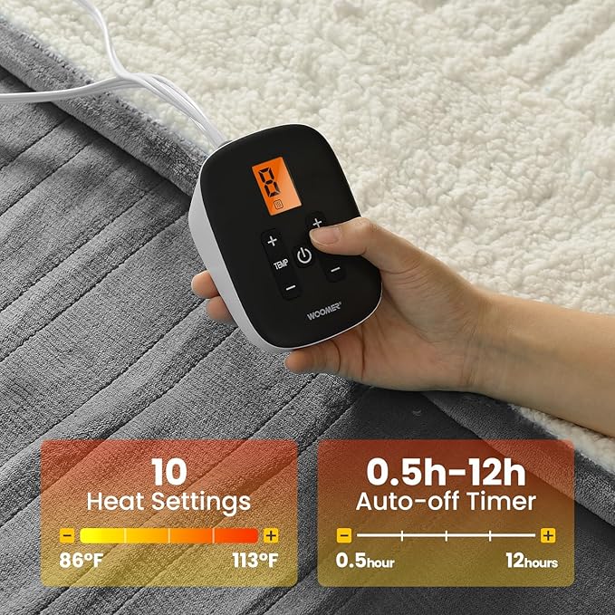 WOOMER Electric Blanket Full Size,Durable Flannel and Soft Sherpa,Dual Control,77”×84” Heated Throw Blanket, 10 Heat Levels&0.5-12h auto-Off,Energy Efficient,ETL Certified