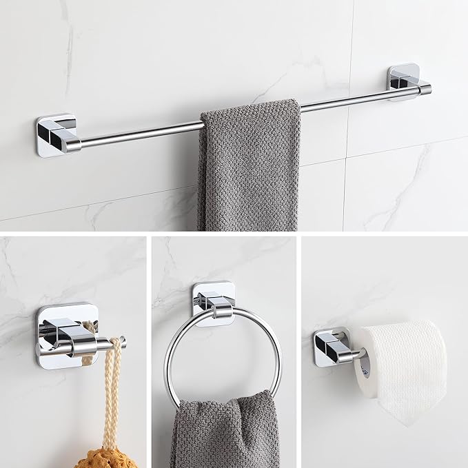 Bathroom Accessories Set, 4 Pieces Bathroom Hardware Set, 24 inch Towel Bar, Towel Racks, Robe Towel Hooks, Toilet Paper Holder Wall Mounted Or Self-Adhesive,Stainless Steel and Plastic (Chrome)
