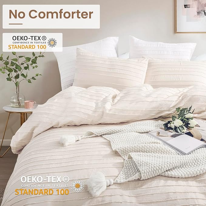 NEXHOME PRO Duvet Cover Queen Size, Light Khaki 3 Pieces Boho Tufted Duvet Cover Set, Soft and Lightweight Microfiber Comforter Cover Set for All Season (Light Khaki, 90 x 90)-No Comforter