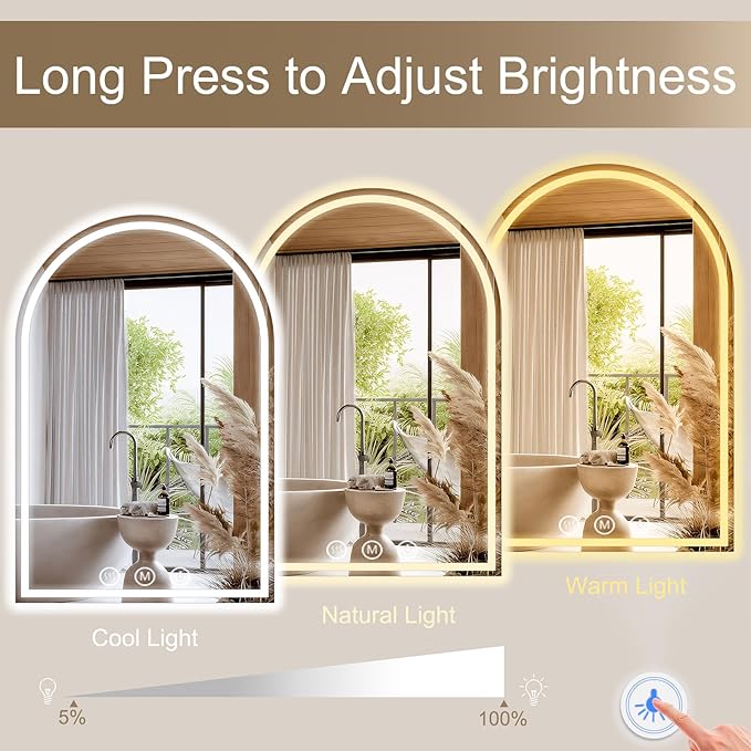 LED Bathroom Mirrors with Lights 30"x48" Arched Mirror for Wall,Led Vanity Mirror, Anti-Fog,LED Mirrors with Front Light and Backlit, Anti-Fog, Dimmable, 3 Color, Shatterproof, Touch Sensor