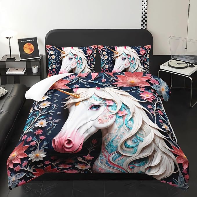 White and Pink Unicorn Flower Queen Size Comforter Set for Girls，Kids Queen Size Unicorn Bedding Sets for Girls，with 1 Comforter with 2 Pillow Case