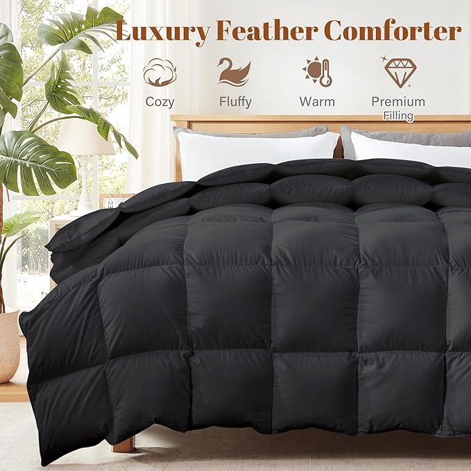 Cosybay Queen Size Feather Down Fiber Comforter - Ultra Fluffy 100% Cotton Duvet Insert, All Season Hotel Luxury Bedding with Corner Tabs, 90"x90" Black