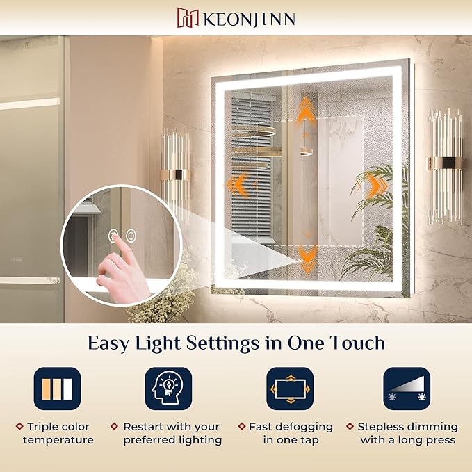 Keonjinn 48 x 40 Inch LED Bathroom Mirror with Lights, Bighter Frontlit & Backlit Vanity Mirror with Stepless Dimmable 3-Color, Anti-Fog Mirror for Wall, HD Tempered Glass, Memory Founction, CR90+