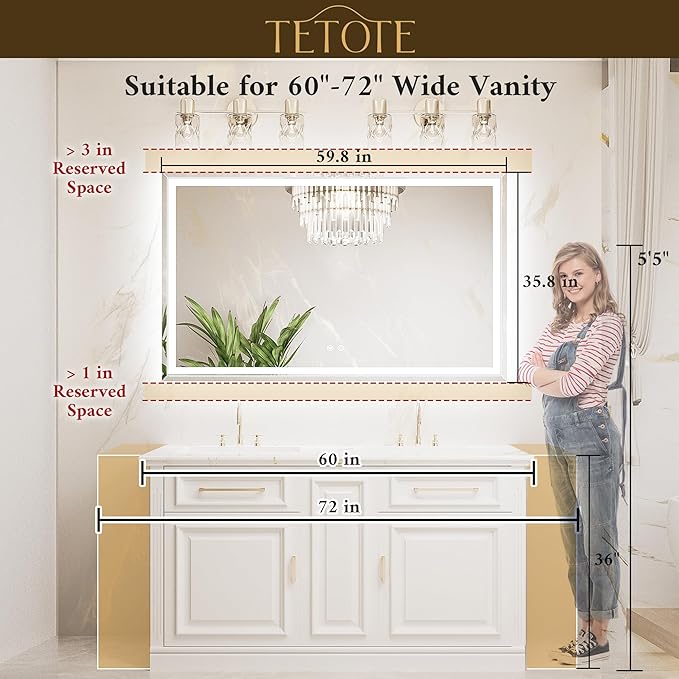 TETOTE 60 x 36 Inch Led Lighted Mirror for Bathroom Wall, Extra-Bright Beveled Bathroom Vanity Frontlit & Backlit Frameless Mirror with 3-Color Lights, Defogging, Tempered Glass, Waterproof