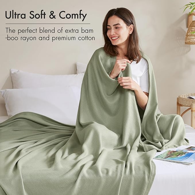 Madison Park Twin Size Blanket, 70% Rayon Bamboo-Based, 30% Cotton, Breathable for Hot Sleepers Menopause, Ultra Soft and Snag-Resistant, Summer Blanket for Bed or Couch, Twin 66"x90", Sage Green