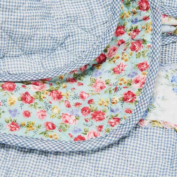 Cozyholy Original 100% Cotton Patchwork Quilt Full Queen Size Blue Floral Bedspread Coverlet Reversible Vintage Shabby Chic Quilted Throw Blanket Bed Quilt Cover for Couch Sofa