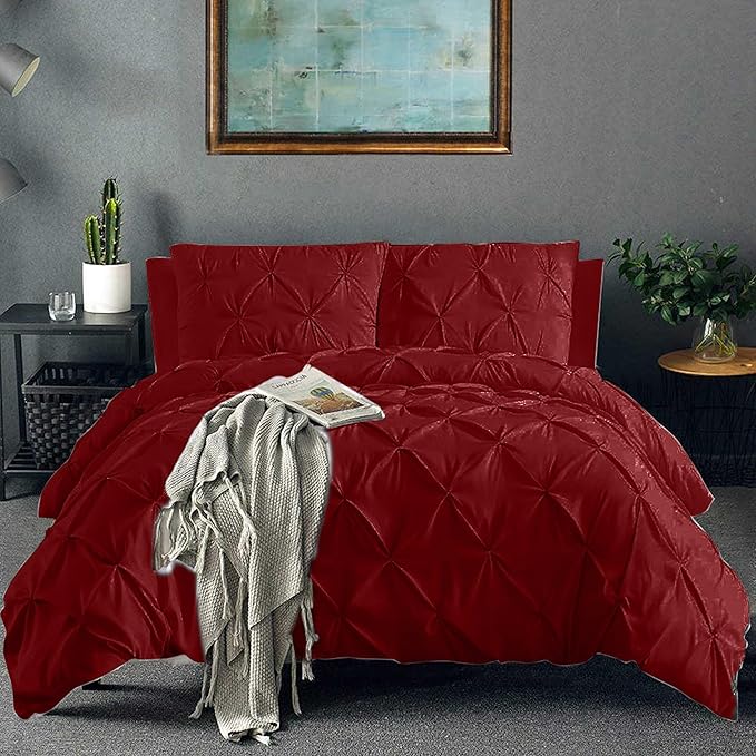 Pinch Pleated Duvet Cover Set 100% Cotton 3PC Full Size 80x90 Duvet Cover Set, Decorative Pinch Design Burgundy Duvet Cover with Matching Pillow Case