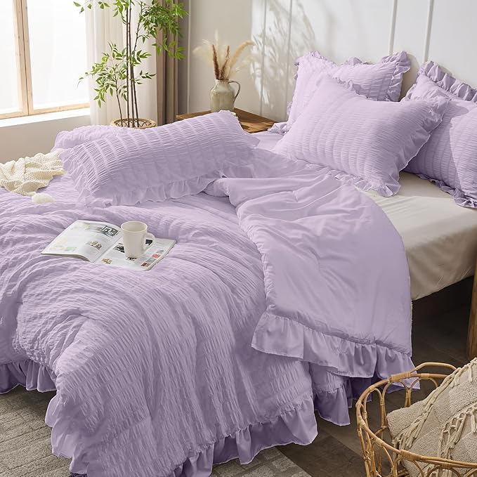 JOLLYVOGUE Lavender Twin Size Comforter Set, 2 Pieces Seersucker Lightweight Fluffy Bedding Set, Twin Ruffle Comforter, All Season Soft Microfiber Shabby Chic Bed Set