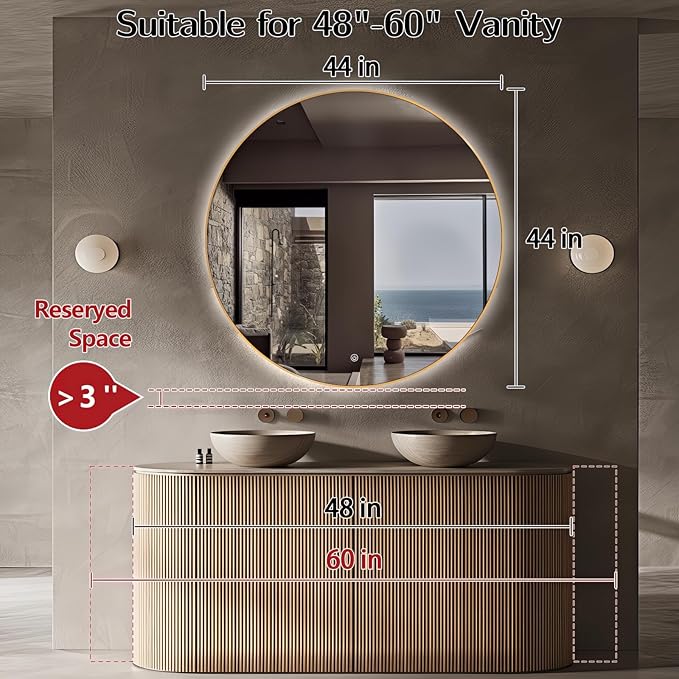 Niccy 44" LED Backlit Round Mirror for Bathroom, Gold Framed Vanity Light Wall Mirror LED Smart Circle Mirrors with 3 Lighting Colors, Dimmable Lighted Mirror with Anti-Fog, IP65 Waterproof