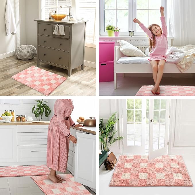 CozeCube Bath mats for Bathroom Non Slip, Fluffy Absorbent Microfiber Bath mat Washable, Aesthetic Bathroom Rugs, Cute Blossom Pink Checkered Bath mat, Blossom Pink, 32" x 20"