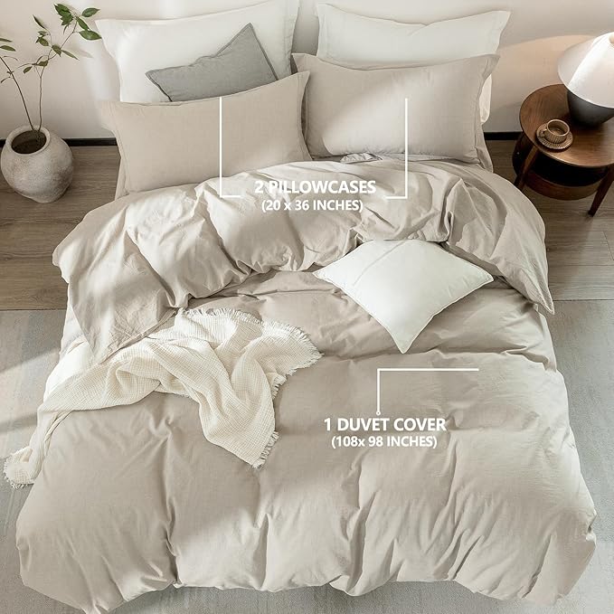 Linen Grey Duvet Cover Super King Size 108inch x 98inch,100% Washed Cotton Duvet Cover with Zipper Closure and 2 Pillowcases, Color of New Nature Linen