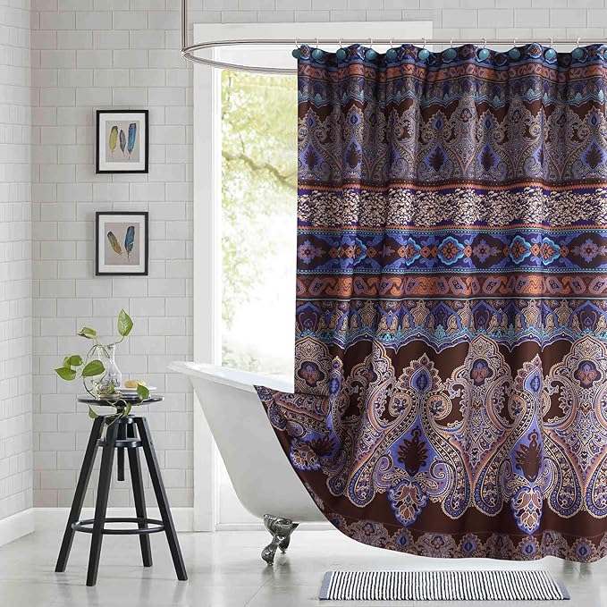 Boho Shower Curtain 78 Inches Long, Brown and Blue Bohemian Paisley Pattern Fabric Shower Curtains for Bathroom, Decorative Waterproof Bathroom Curtains, 72" W x 78" H