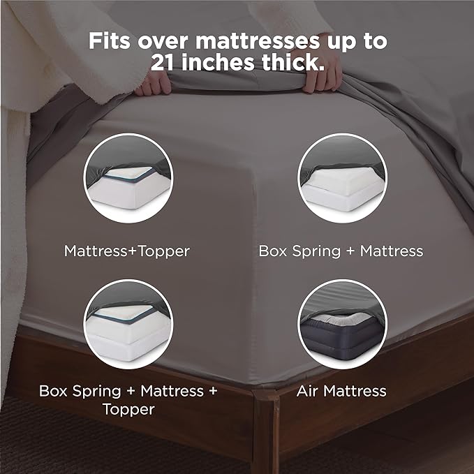 Bedsure Deep Pocket California King Sheet Sets - Fits Mattresses Up to 21 Inches Thick - 4 Piece Bed Sheets, Moisture Wicking, Soft & Cooling Bedsheet & Pillowcases, Easy & Secure Fit, Grey