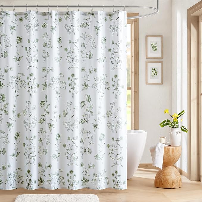 Martha Stewart Martha's Garden Shower Curtain Botanical Floral Print Cotton Shower Curtain for Bathroom, Spa Quality Modern Shower Curtains Standard Size, 72x84 Sage Green