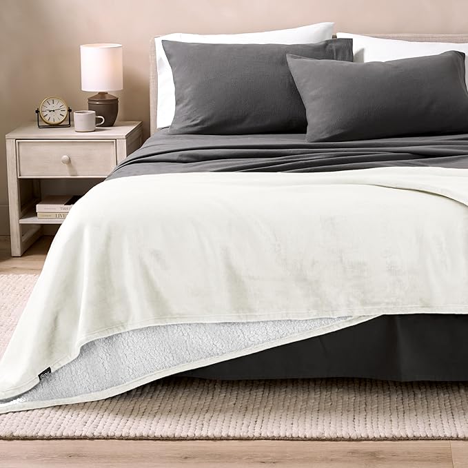 Bare Home Sherpa Fleece Blanket - King Size - Blanket for Bed, Sofa, and Couch - Warm & Lightweight - Fluffy & Soft - Reversible (King, Cream)