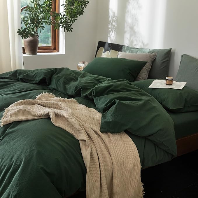 FOSSA Duvet Cover Set 100% Washed Cotton Linen Feel Super Soft Breathable Cozy 3 Pieces Bedding Sets Solid Forest Green Oversized King Plus