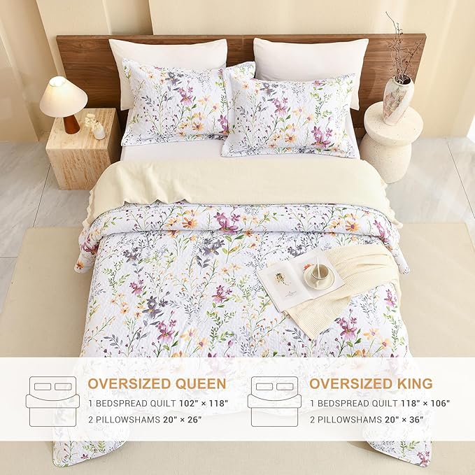 Lady Ann 100% Cotton Quilt Sets Queen, Yellow Flower Botanical Pattern Printed Quilted 102x118 Bedspread Set,Vintage Coverlet Ultra Soft Bedspread Set with Pillow Shams Al Season,3 PCS