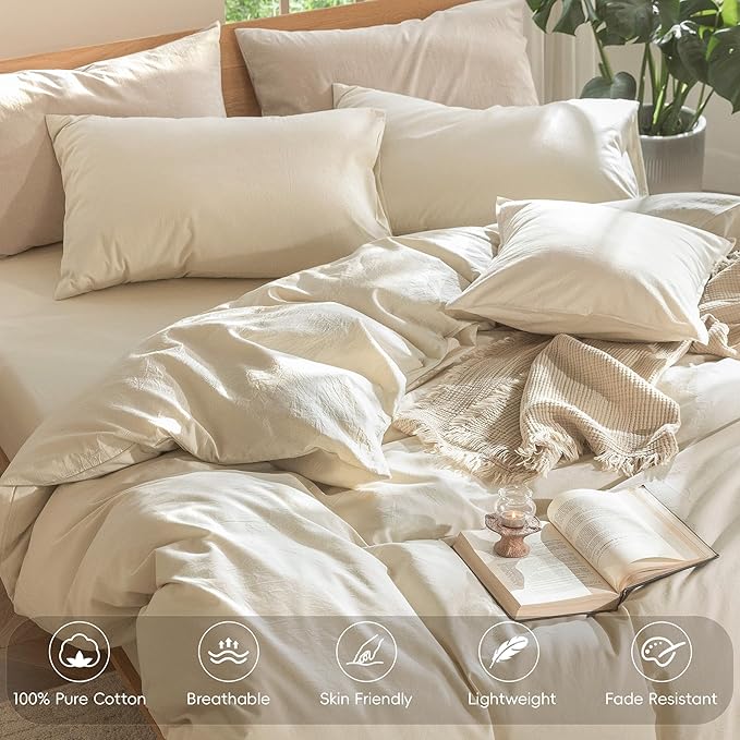 MooMee Bedding Duvet Cover Set 100% Washed Cotton Linen Like Textured Breathable Durable Soft Comfy (Heathered Almond Milk Grey, King 104"x90")