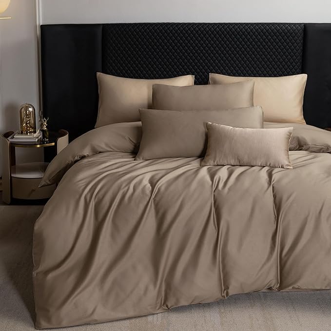 MooMee Duvet Cover Set 100% Extra Long Staple Cotton 600 Thread Count Silky Sateen Smooth Luxury Soft Breathable Durable Hotel Quality Bedding, 3 Pieces (Mocha Brown, Full 80"x90")