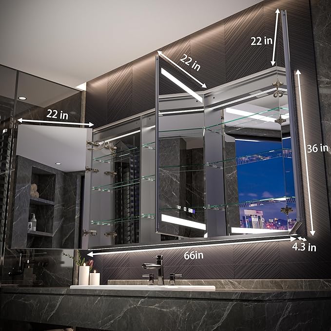 Lighted Medicine Cabinet with Mirror 66"x36" Recessed LED Medicine Cabinet Mirror, Front&Backlit, Anti-Fog, Stepless Dimming, 3-Color Temperatures, Magnifier, 2 Outlets, Storage Shelves, ETL Certified