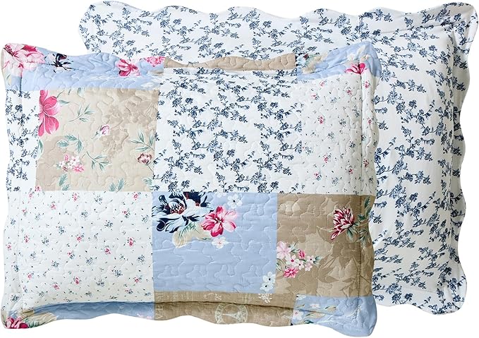 Brilliant Sunshine Pink and Blue Roses Toile Quilt Set, 3-Piece Bedding Sets, Lively Patchwork Design, Washable, Reversible Bedspread, Soft Lightweight Coverlet, All-Season, Full/Queen, Blue Natural
