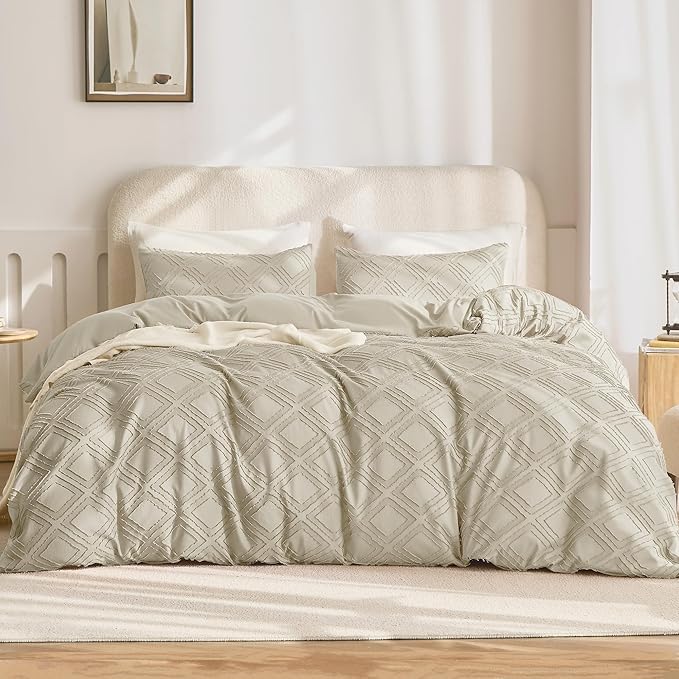 JELLYMONI Duvet Cover Full Size Light Khaki - 3PCS Boho Duvet Cover Set Plaid Polyester Tufted Bohemian Jacquard Knit Textured Comforter Cover 80×90in Rhombic Geometric Pattern Corner Tie & Zipper