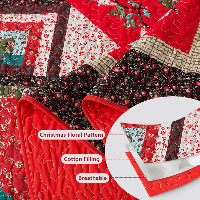 BEDIFANY Christmas Queen Size Quilt Set - Cotton Bedspreads Queen for Bed - Lightweight Farmhouse Queen Quilt Bedding Sets for All Seasons, 3 Pieces