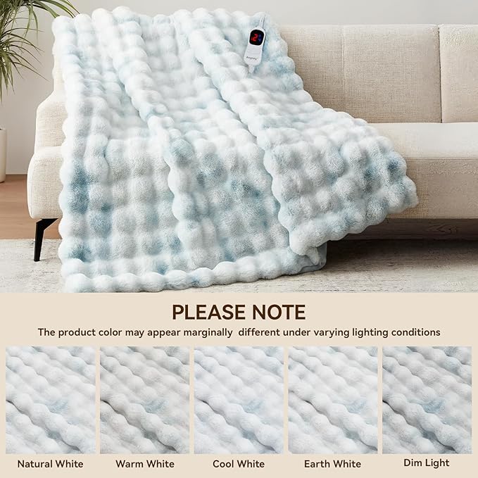 Heated Blanket Full Size with 1/2/4/6/8 Hours Auto-Off 10 Heat Level, 62'' * 84'' Cozy Faux Rabbit Fur Bubble Electric Blanket with Overheat Protection(Tie-Dye Blue)