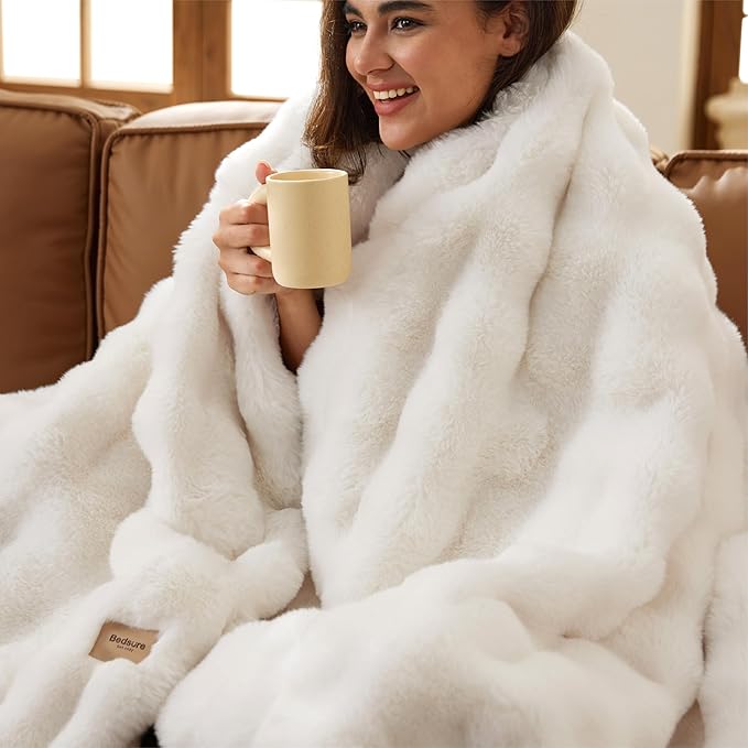 Bedsure GentleSoft Fluffy Fuzzy Throw Blanket, 870GSM Soft Faux Fur Blanket for Couch, Plush Fleece Minky Velvet Winter Bedding for Christmas, Thick Warm Furry Cozy Gifts for Women, Cream, 50"x60"