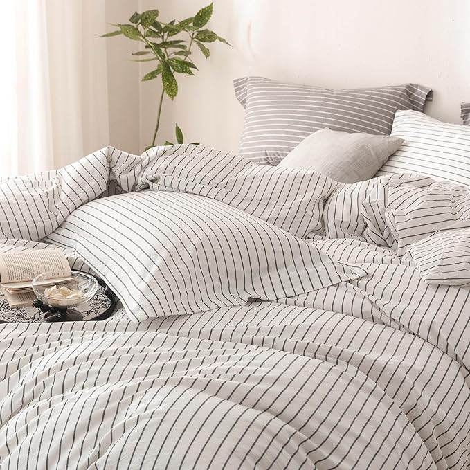 Stripe Duvet Cover Queen Size 90inch x 90inch, 100% Washed Cotton Linen Feel Pinstripe Duvet Cover with Zipper Closure and 2 Pillowcases, Color of White-Dark Grey Stripe