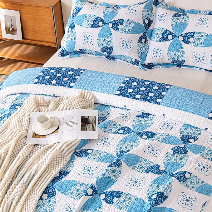 Cmfshape Blue Quilt Sets Bedspread Set 100% Cotton Patchwork Coin Pattern Bedding Set,All Season Use Lightweight Reversible Coverlet Quilts with 2 Pillow Shams(Queen 92"x96")