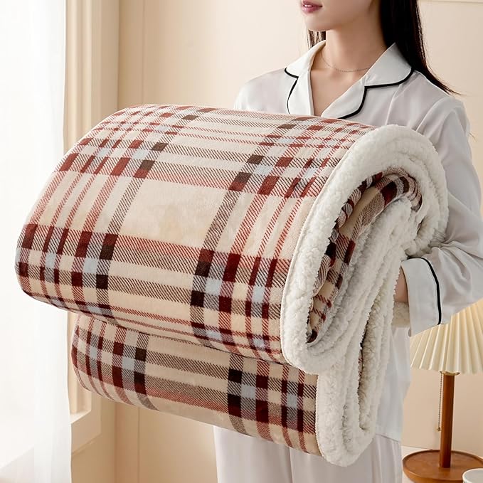 Sherpa Blanket Throw Blanket for Couch Sherpa Fleece Blanket Fluffy Checkered Soft Blanket for All Season Use Cozy Thick Warm Big Throws (Beige-Plaid, 60"*80")