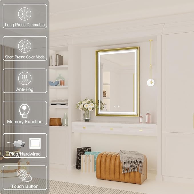 24x36 Inch Gold LED Mirror for Bathroom, 3 Color Temperatures (3000K/4500K/6000K), Anti-Fog, Dimmable Lights, Memory Function, Horizontal/Vertical Wall Mounted