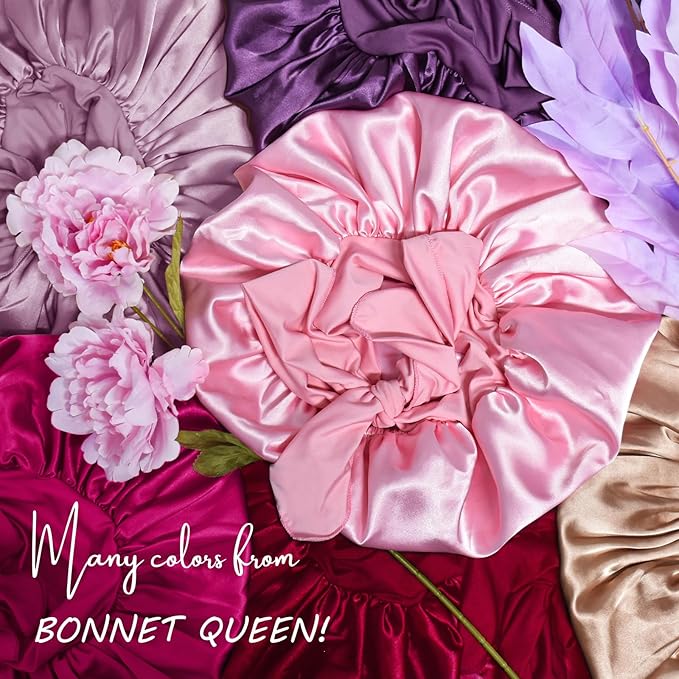 BONNET QUEEN Silk Bonnet for Sleeping Women Big Satin Bonnet Night Sleep Cap Wrap for Curly Hair with Adjustable Tie Band,Large, Purple