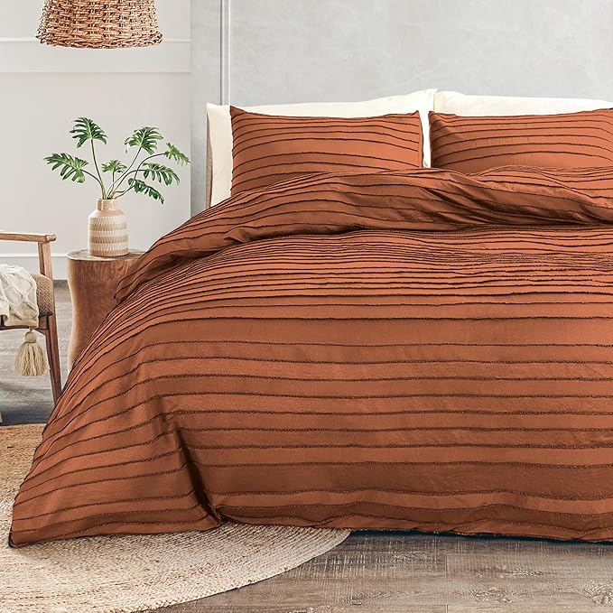 NEXHOME PRO Duvet Cover Queen Size, Brunt Orange 3 Pieces Boho Tufted Duvet Cover Set, Soft and Lightweight Microfiber Comforter Cover Set for All Season (Brunt Orange, 90 x 90)-No Comforter