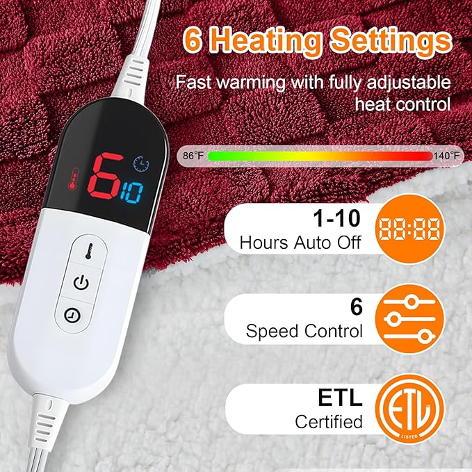 Electric Heated Blanket Twin Size - Jacquard Checkered Sherpa 62"x84" Fast Heating Bed Blankets with 6 Heating Levels & 10 Hours Auto Off, Over-Heat Protection ETL, Red