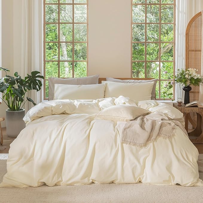 MooMee Bedding Duvet Cover Set 100% Washed Cotton Linen Like Textured Breathable Durable Soft Comfy (Solid Cream White, Oversized King Plus 128"x120")