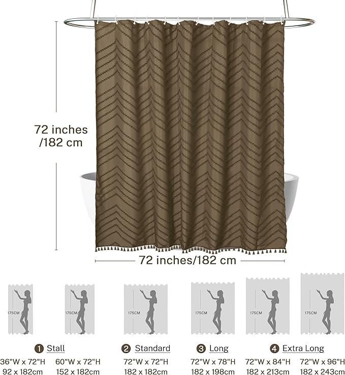 Boho Farmhouse Shower Curtain Woven Fabric Khaki Shower Curtain, 72 x 72 Tufted Chevron Textured Striped Modern Farmhouse Minimalist Shower Curtain for Bathroom
