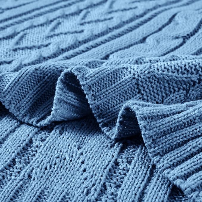 Aormenzy Dusty Blue Cable Knit Throw Blankets for Couch Bed Sofa, Acrylic Knitted Blanket, Soft Cozy Throw Blanket, 50" x 60"