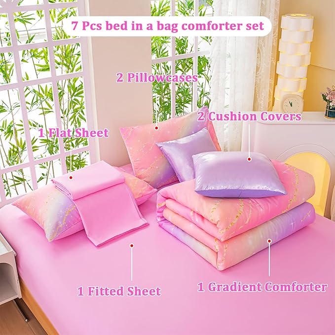 Rainbow Bedding Set Full Size – 7 Piece Reversible Girls Comforter with Deep-Pocket Sheet, Gradient Galaxy Design, Whole-Piece Filling, Machine Washable Bed-in-a-Bag for Kids Room Makeover & Gifts