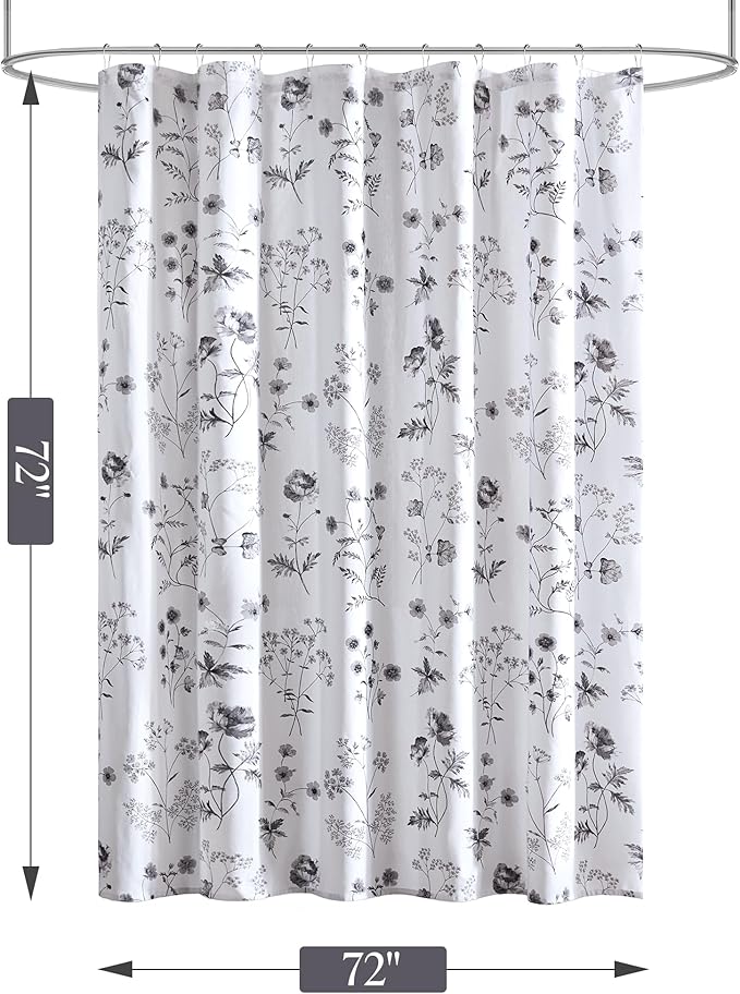 Martha Stewart Martha's Garden Shower Curtain Botanical Floral Print Cotton Shower Curtain for Bathroom, Spa Quality Modern Shower Curtains Standard Size, 72x72 Black