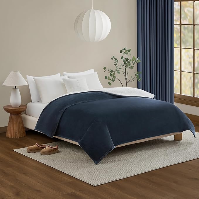 UGG Ariana Full/Queen Blanket Fleece Fluffy Reversible Soft Fuzzy Bedding Cozy Plush Warm Oversized Blanket Machine Washable Bedroom Decor for Big Couch or Bed, 90-inch x 90-inch, Navy Blue