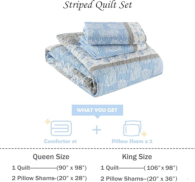Cotton Quilts Queen Size, Blue Comforter Set, Farmhouse Striped Bedspreads Queen Size,Bohemian Bedding Comforter Sets,All Seasons 3 Pieces