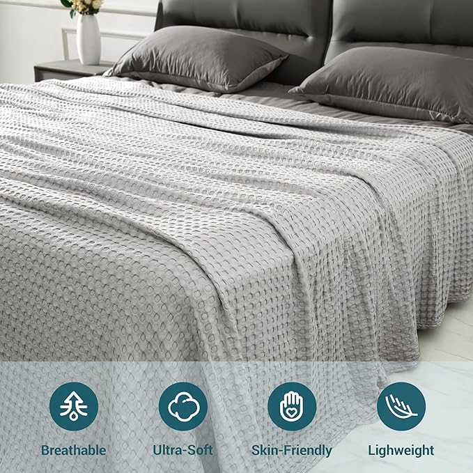 Aganear Waffle Blanket - Lightweight Breathable Summer Blanket of 50% Cotton and 50% Rayon Derived from Bamboo for Hot Sleepers Luxury Throws for Bed, Couch and Sofa,Grey,90x90 Inches