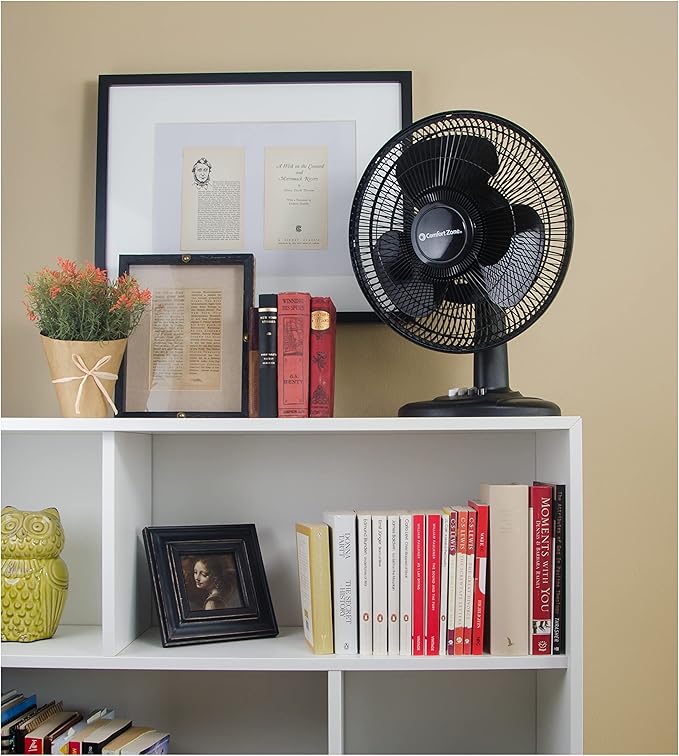 Comfort Zone Oscillating Table Fan with Adjustable Tilt, Convenient Push Button Controls, Quiet, 12 inch, 3 Speed, Desk Fan, Airflow 7.25 ft/sec, Ideal for Home, Bedroom, Dorm & Office, CZ121BK