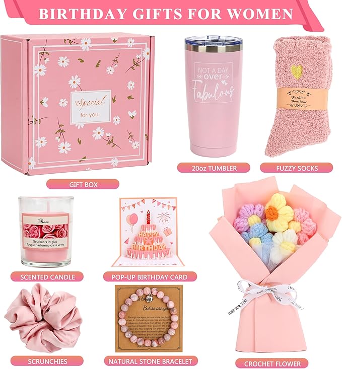 Birthday Gifts for Women Friendship, Pink Relaxing Spa Gifts Basket Set for Women, Self Care Gifts Unique Happy Birthday Gift Idea for Mom Her Best Friends Sister Wife Coworker Teacher (Pink)