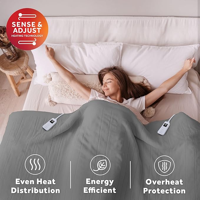 Sunbeam Electric Royal Luxe Microplush Heated Blanket, 12 Heat Settings, 12-Hour Auto Shut-Off, Fast Heating, Warm & Cozy, Machine Washable, Dove Gray Color, Queen (90" x 84")