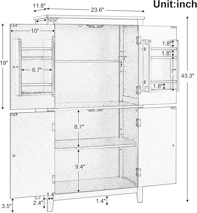 Freestanding Storage Cabinet with 4 Doors,Elegant Organizer Unit with Adjustable Shelves, Sturdy MDF Frame, Anti-Tipping Design, Large Capacity for Bathroom, Kitchen, Office, Home, Black