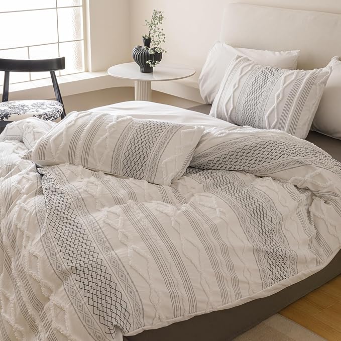 Cottonight White Black Boho Comforter Set Full Farmhouse Tufted Bedding Set Soft Bohemain Shabby Chic Blanket Quilts Embroidery Rustic Luxury Soft 3PCS Bed Set for Women Men