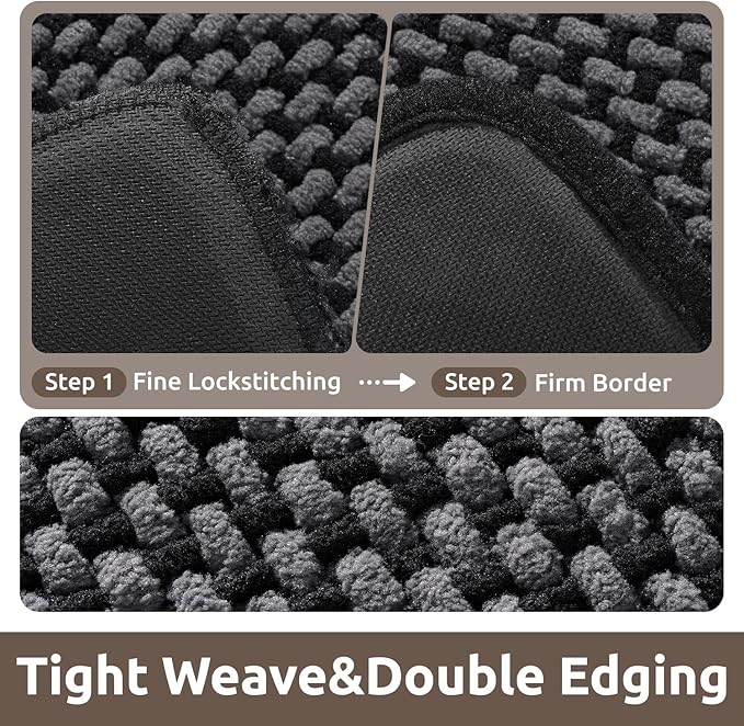AMOAMI Chenille Bath Mat Super Absorbent Bathroom Mat Quick Dry Bath Mats for Bathroom Rubber Backed Bathroom Rugs Non Slip Washable Fit Under Door, Front of Bathtub, Sink, Darkgrey&Black 24"x36"